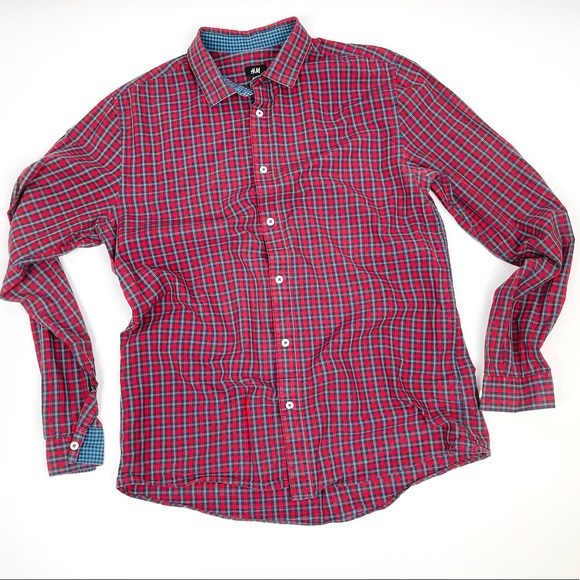 H&M Mens Red Checkered Button Up Shirt Size L - Picture 1 of 13